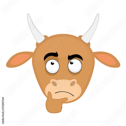 vector illustration face of a cow cartoon with a thinking expression or doubt