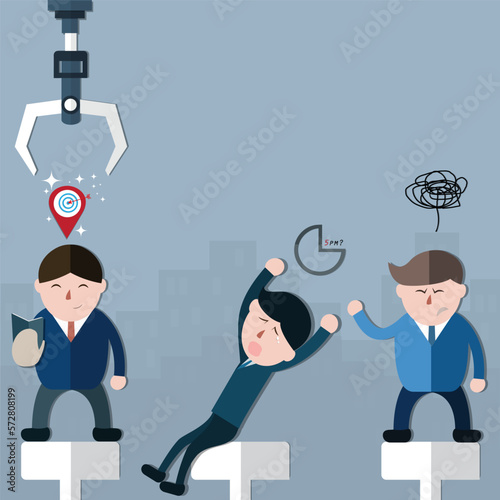 Three men with differrence characters waiting for choose by the robotic arms,cartoon concept - vector