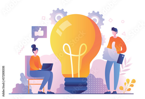 People with good idea. Man and woman near big light bulb, innovation and idea, creativity. Entrepreneurs discuss start up. Invetion and intelligence concept. Cartoon flat vector illustration