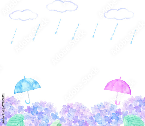水彩で描いたアジサイと傘と雨雲の背景