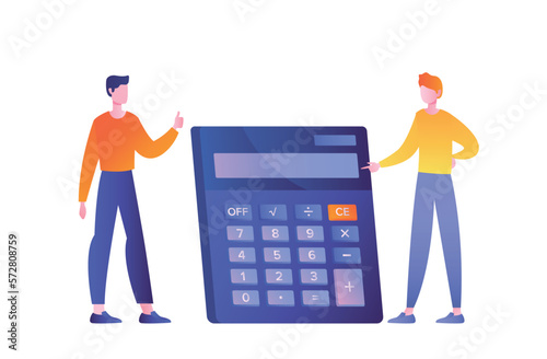 Business meeting concept. Two men near calculator discussing finances. Accountants form budget, estimate income and expenses, and perform mathematical calculations. Cartoon flat vector illustration