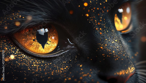 Close up portrait of a black cat with gold glitter. Generative AI.

 photo