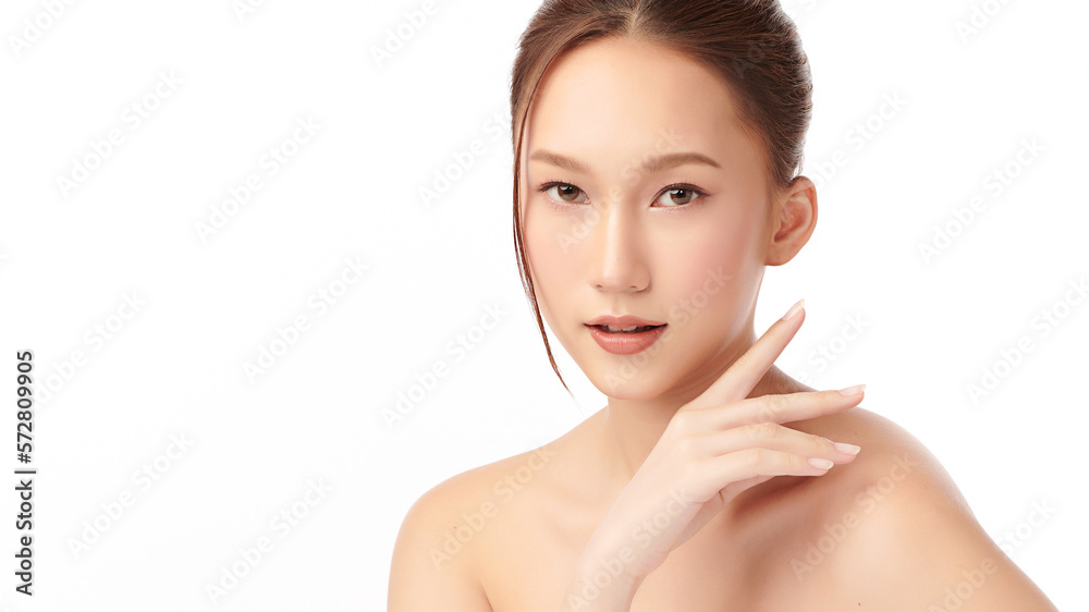 Naklejka premium Beautiful young asian woman with clean fresh skin on white background, Face care, Facial treatment, Cosmetology, beauty and spa, Asian women portrait.