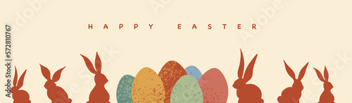 happy eastern banner illustration, hand drawn vector web border with rabbits and eggs 
