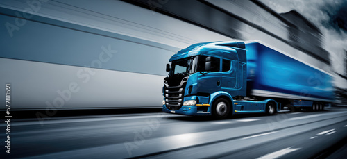 Blue cargo trailer truck, logistic delivery lorry on highway illustration, cargo concept art generative ai