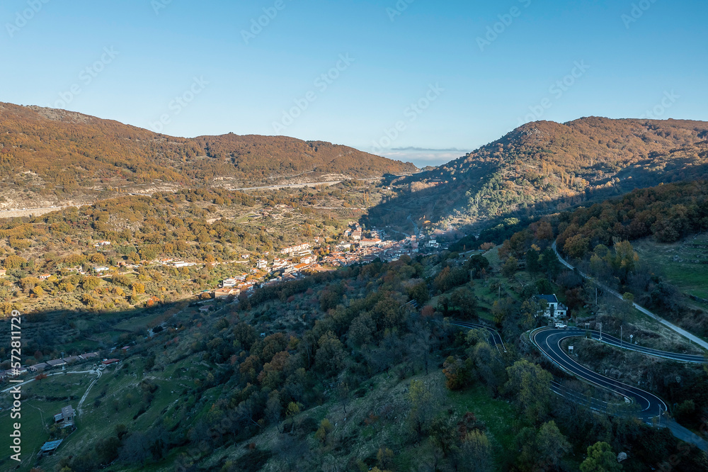 Aerial Drone view autumnal mountainous landscape 