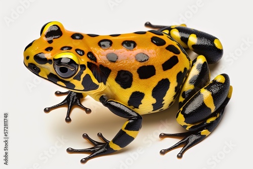 A single dendrobates leucomelas, or yellow-banded poison-dart frog, shown from above. Generative AI photo