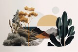 collage artistique d'images de nature avec arbres et éléments naturels, formes géométriques