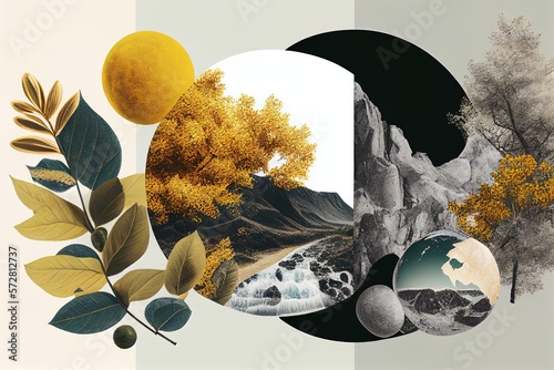 collage artistique d'images de nature avec arbres et montagne, éléments naturels,  formes géométriques photo
