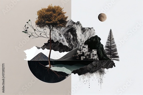 collage artistique d'images de nature avec arbres et montagne, éléments naturels, formes géométriques