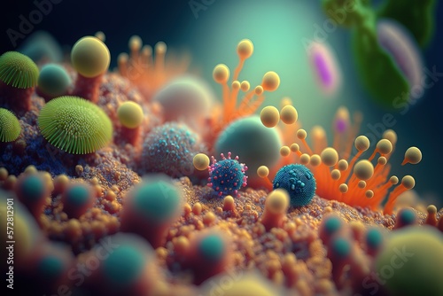 Obraz na plátně représentation de vue microscopique d'organisme cellulaire coloré divers