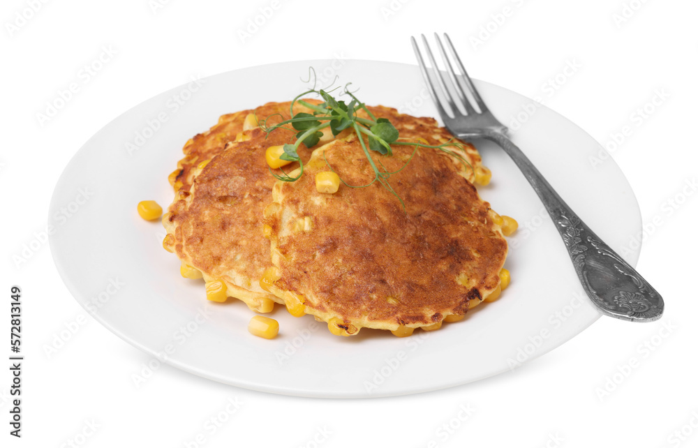 Plate with tasty corn pancakes on white background