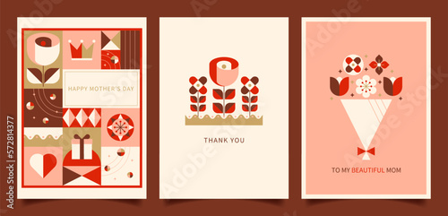 Set of greeting cards for Mother's Day. Mother's day card designs with geometric flowers, heart, crown, gift, and abstract shapes.