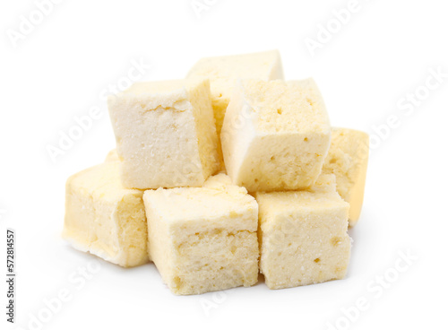 Pile of delicious sweet marshmallows on white background