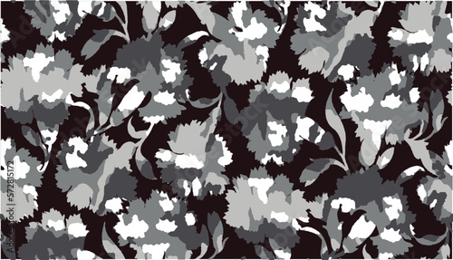 Floral design pattern made with silhouettes of carnations and camouflage monochrome design, textile print perfect for fabrics and decoration