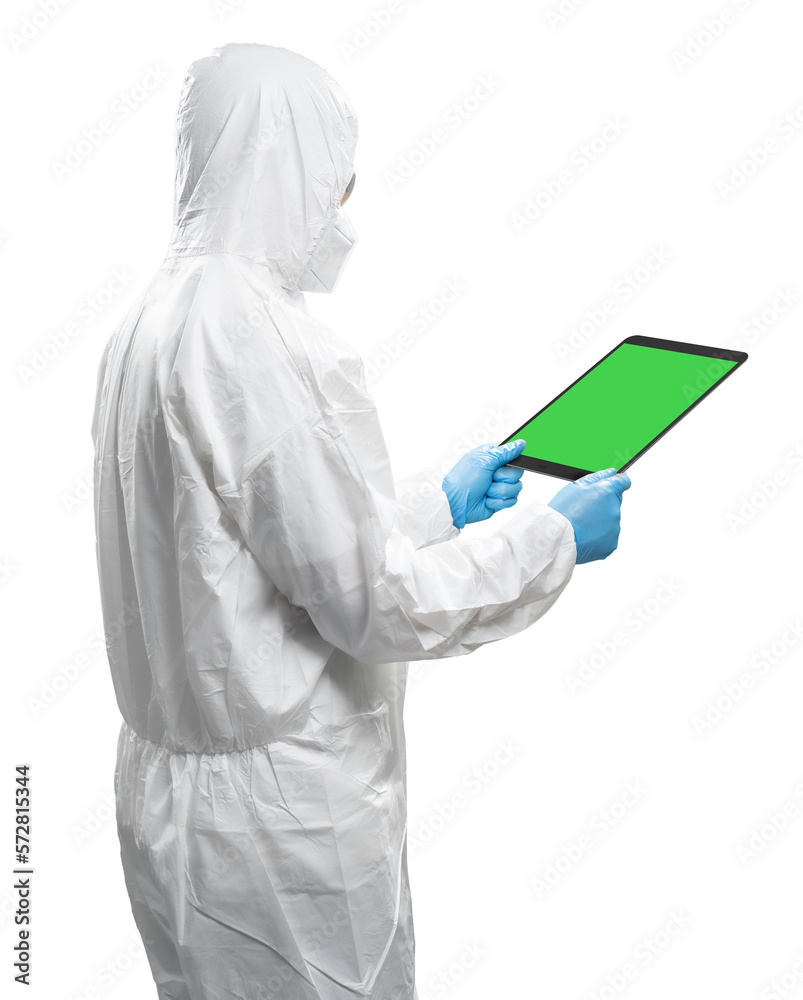 Worker wears medical protective suit or white coverall suit with blank screen tablet isolated Worker wears medical protective suit or white coverall suit with blank screen tablet isolated