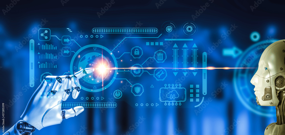 Robot hands work through artificial intelligence touch screen, machine learning, Robotic hand and human touch background Big data networking, technology, artificial intelligence, innovation 