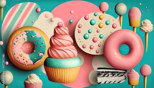 Pastel cupcake, donut, lolly pop and candies. Sweet food background. Generative AI