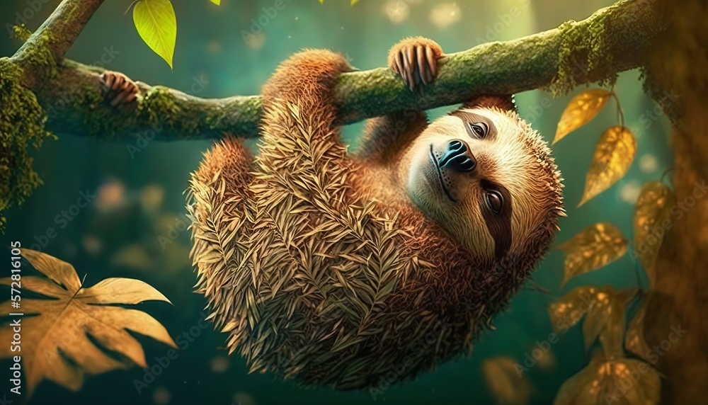 A sleepy sloth hanging upside down from a branch in a lush green forest A sleepy sloth hanging upside down from a branch in a lush green forest