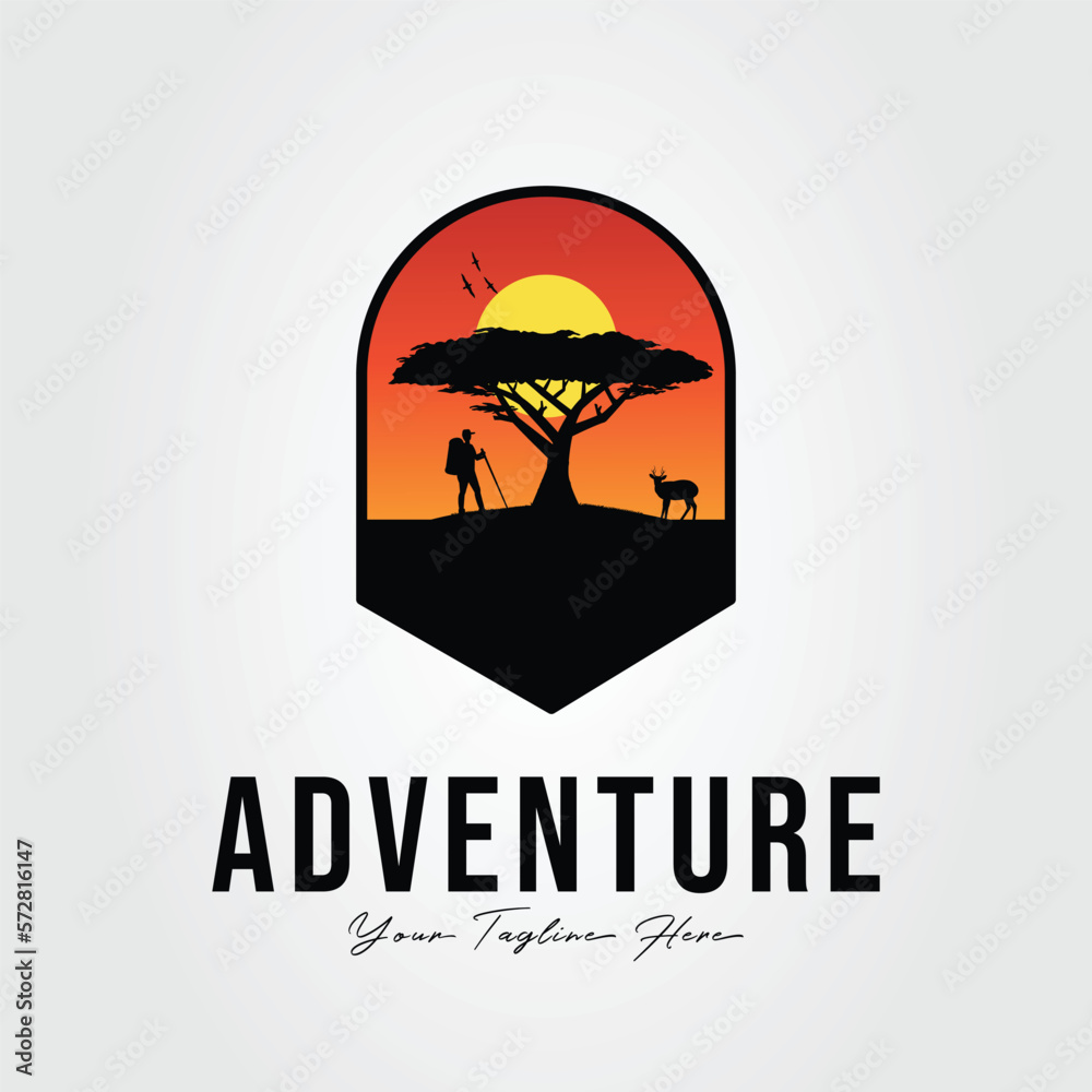silhouette adventurer, deer and acacia tree logo vector illustration design