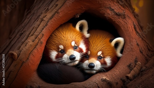 A pair of cute red pandas snuggled up together in a tree hollow