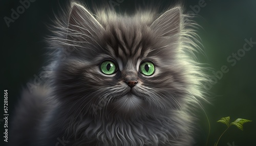 A fluffy gray kitten with bright green eyes