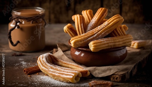 churros with powdered sugar and cinnamon, served with chocolate or dulce de leche.generative ai