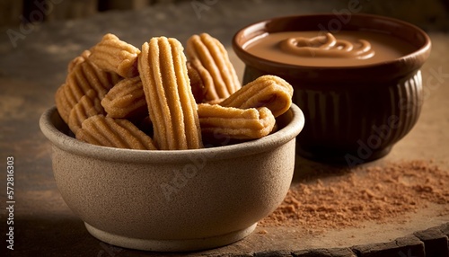churros with powdered sugar and cinnamon, served with chocolate or dulce de leche.generative ai