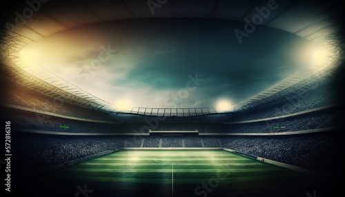 dramatic football or soccer stadium background  green lawn and lights on. generative ai
