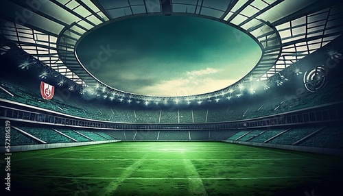 dramatic football or soccer stadium background  green lawn and lights on. generative ai