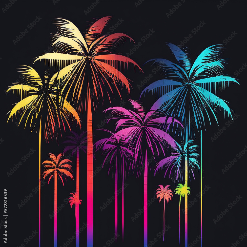 Neon retro abstract palm trees at night on black background, generative ai