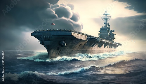 Military concept. Aircraft carrier crossing the ocean with Generative AI Technology.