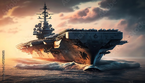 Military concept. Aircraft carrier crossing the ocean with Generative AI Technology.