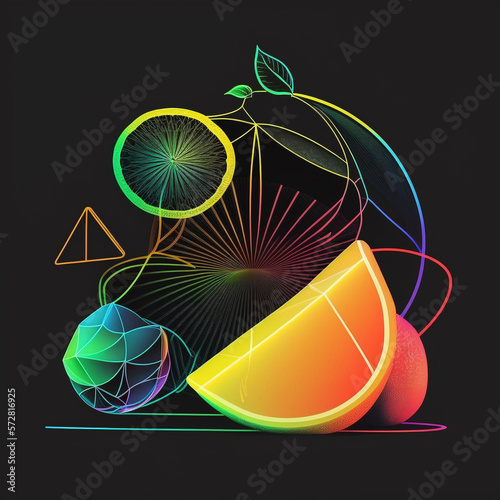 Neon vector line drawing of abstract fruit on black background, generative ai photo