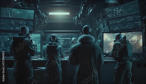 Military Concept. Military Surveillance Officers Work in the Headquarters Hub for Cyber ​​Control and Monitoring to Manage National Security with Generative AI Technology.
