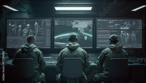 Military Concept. Military Surveillance Officers Work in the Headquarters Hub for Cyber ​​Control and Monitoring to Manage National Security with Generative AI Technology.
