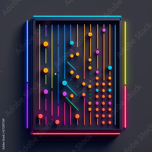 Neon plinko light sculpture of shapes lines and spheres, generative ai