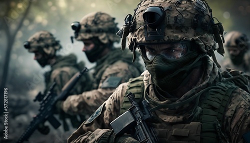The concept of military units. soldiers with arms and Command Center between smoke in battle field.