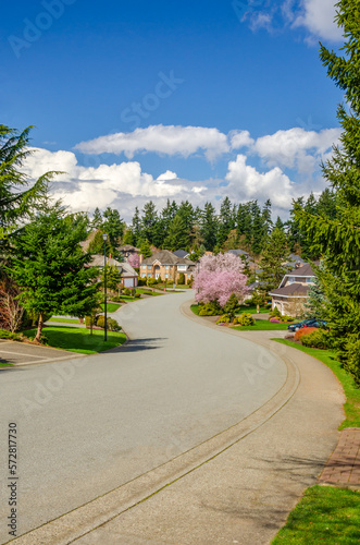 Neighbourhood of luxury houses with street road, big trees and nice landscape in Vancouver, Canada. Blue sky. Day time on September 2022. © karamysh