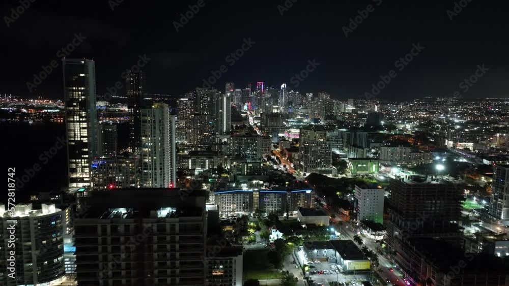 Aerial night mode Miami. 4k drone video Biscayne Blvd approaching Downtown Aerial night mode Miami. 4k drone video Biscayne Blvd approaching Downtown