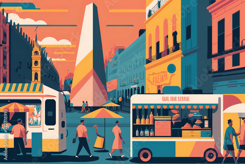 A colorful digital illustration capturing the vibrant energy of Buenos Aires, featuring iconic landmarks such as La Boca neighborhood and the Floralis Genérica sculpture. Generative AI photo