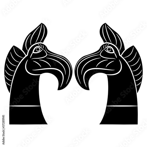Symmetrical design with heads of two fantastic griffins. Nomadic Scythian Iron Age Pazyryk culture. Black and white silhouette.