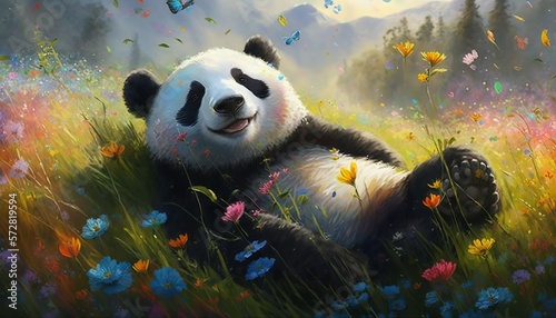 A happy panda bear lounging in a grassy field surrounded by colorful wildflowers