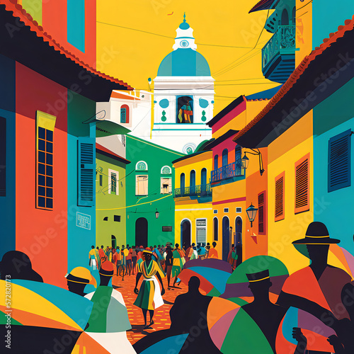  A vibrant digital illustration of Salvador, Bahia, featuring colorful colonial architecture, Afro-Brazilian heritage, and scenic beauty. Generative AI photo