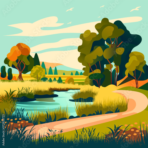 Summer landscape background with river stream, mountains, green field hills, big meadows, blue spring sky and clouds, trees. Countryside. Rural scene. Nature view. Flat cartoon vector illustration.