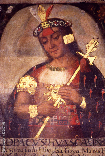 Cusqueña painting in oil 15th century religious art of inca.god sun panacas cuzco peru inca wi.Inca with clothes and gold staff