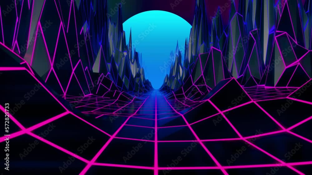 An endless retro-futuristic canyon with glowing grid and blue planet in a seamless loop animation.