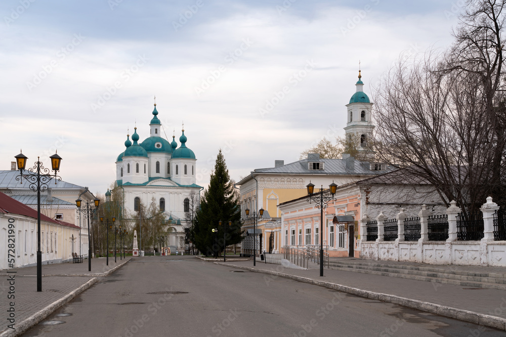 View of the Spassky Cathedral from the Spassky street of the city of Yelabuga on a sunny spring morning, Yelabuga, Tatarstan, Russia