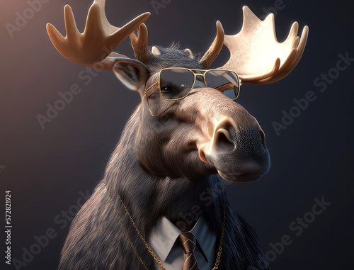 moose portrait wearing a black suit, ai