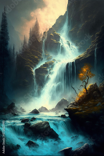 Waterfall in the Mountains Generative AI